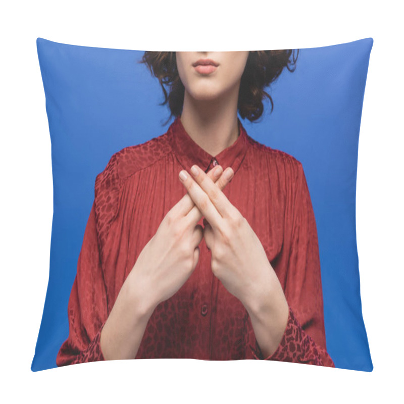 Personality  Cropped View Of Young Woman In Red Blouse Teaching Sign Language Isolated On Blue Pillow Covers