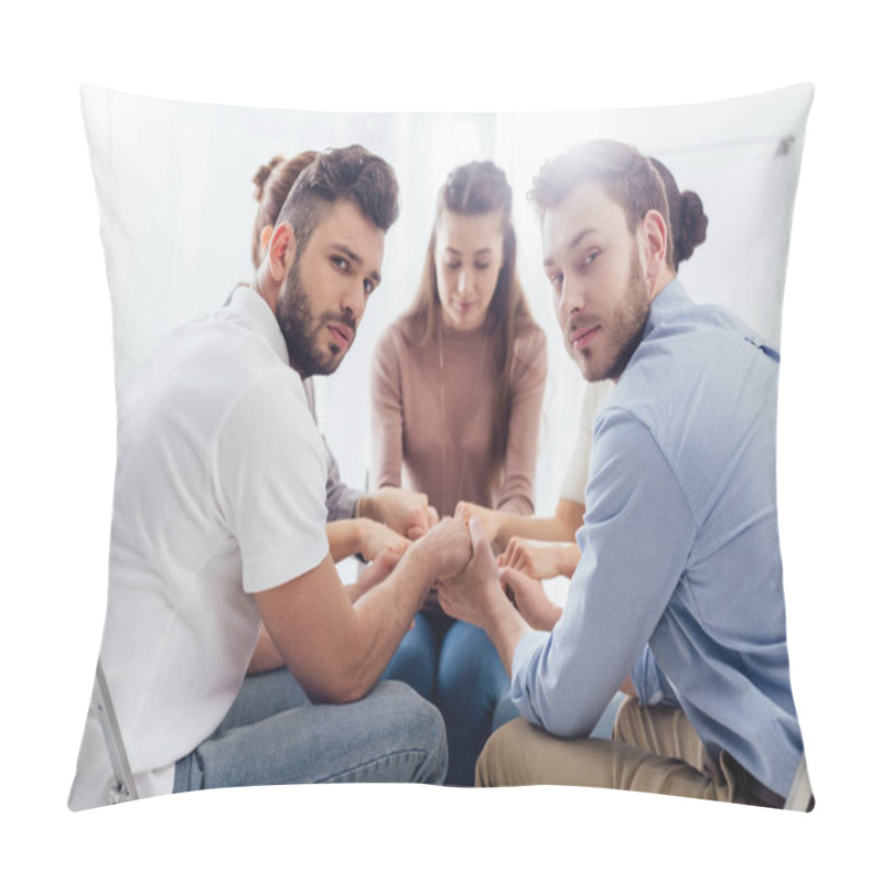 Personality  Selective Focus Of Group Of People Sitting And Stacking Hands During Therapy Session Pillow Covers