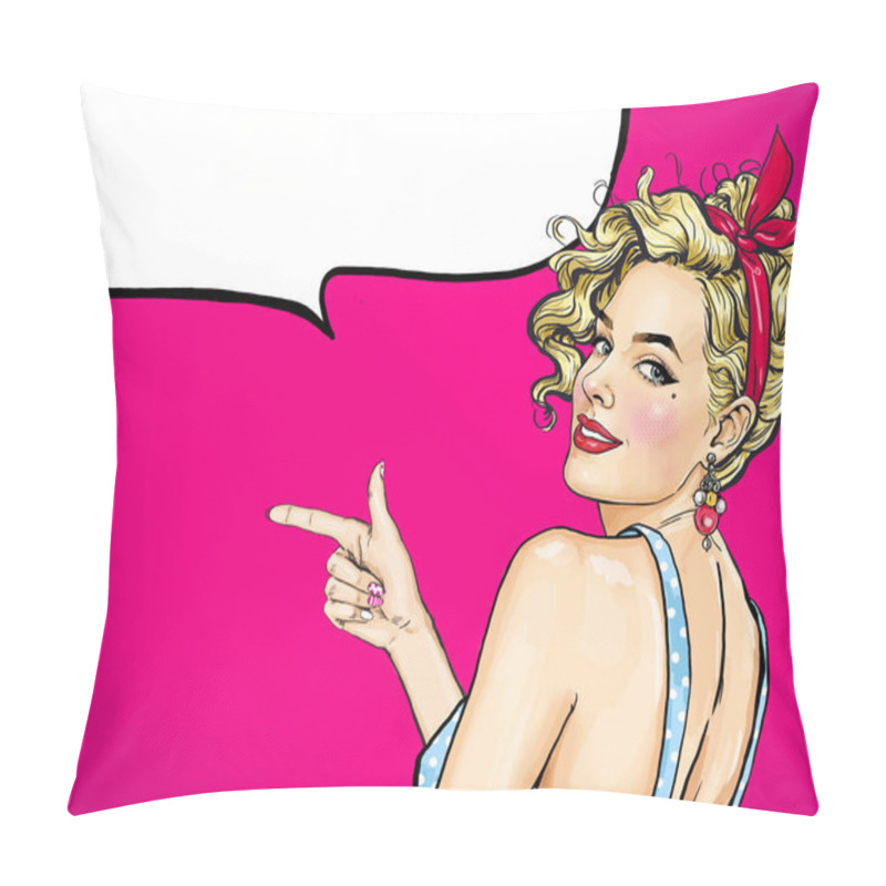 Personality  Pop Art Girl Showing Something. Club Party Invitation Or Birthday Greeting Card Design With Beautiful Sexy Lady. Vintage Advertising Poster With Finger Pointing Smiling Woman.  Pillow Covers