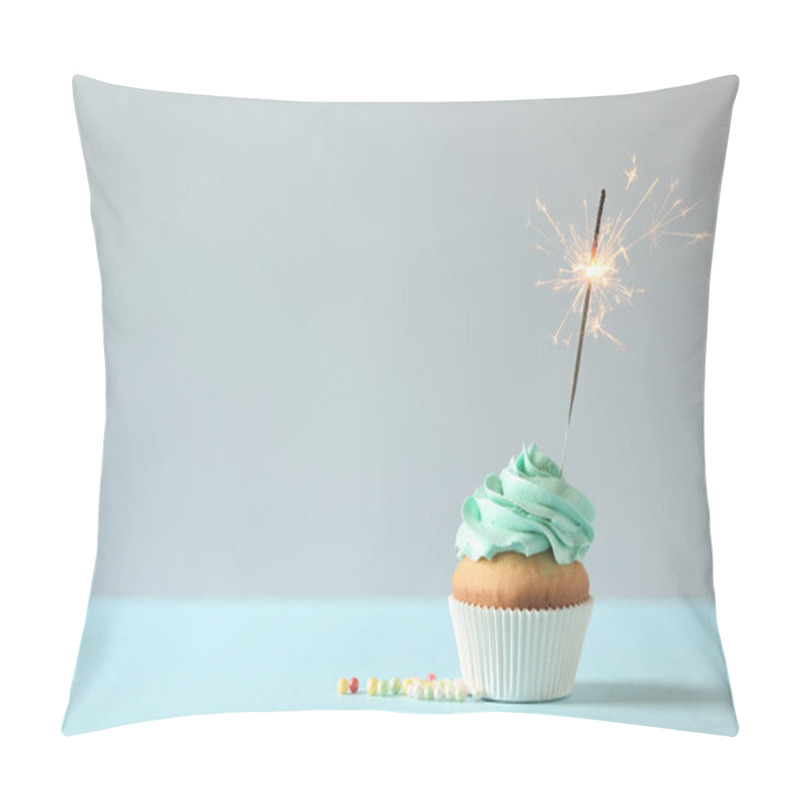 Personality  Delicious Birthday Cupcake With Burning Sparkler And Space For Text On Light Background Pillow Covers