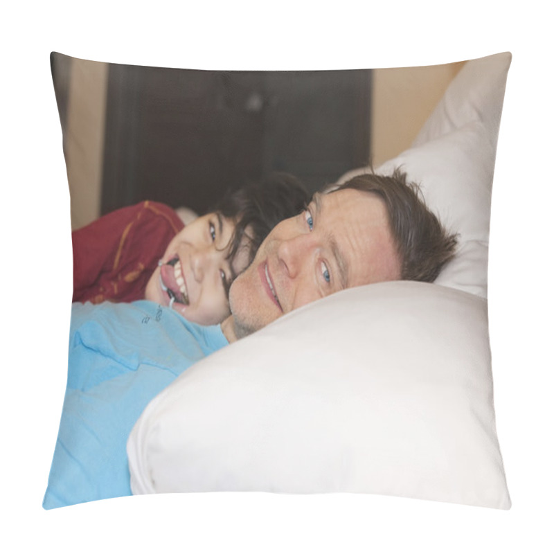 Personality  Father Sleeping In Bed With Disabled Young Son, Laughing And Smi Pillow Covers