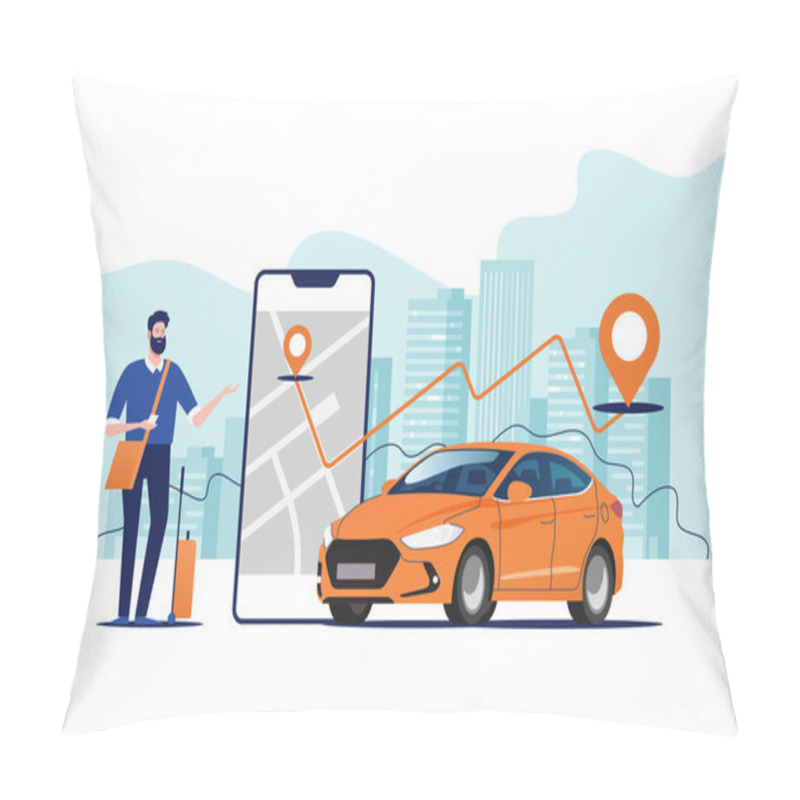 Personality  Online Ordering Taxi Car, Rent And Sharing Using Service Mobile Application. Man Near Smartphone Screen With Route And Points Location On A City Map On The Car And Urban Landscape Background. Pillow Covers