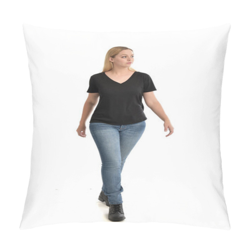 Personality  Full Length Portrait Of Blonde Girl Wearing Basic Black Shirt And Jeans, Standing Pose On White Background. Pillow Covers