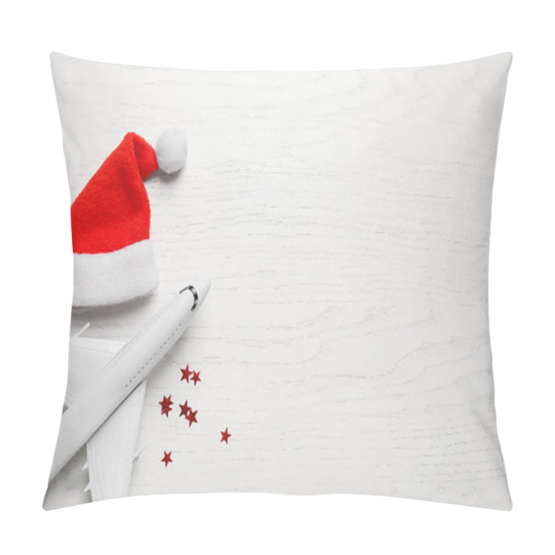 Personality  Santa Hat, Toy Airplane And Space For Text On White Wooden Table, Flat Lay. Christmas Vacation Pillow Covers