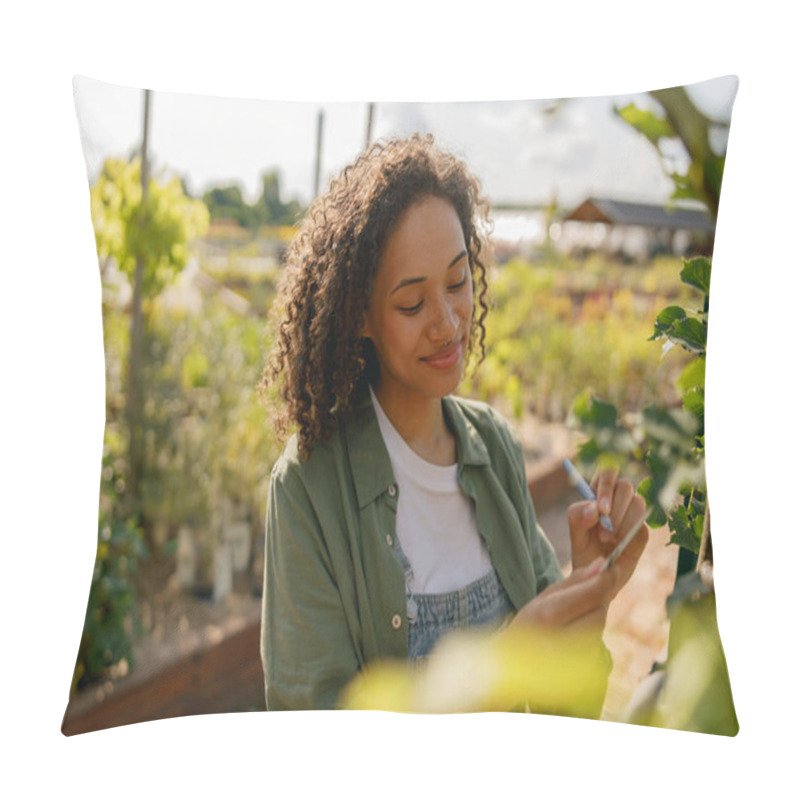 Personality  Smiling Woman Gardener Signs The Names Of The Plants In Botanic Center. High Quality Photo Pillow Covers