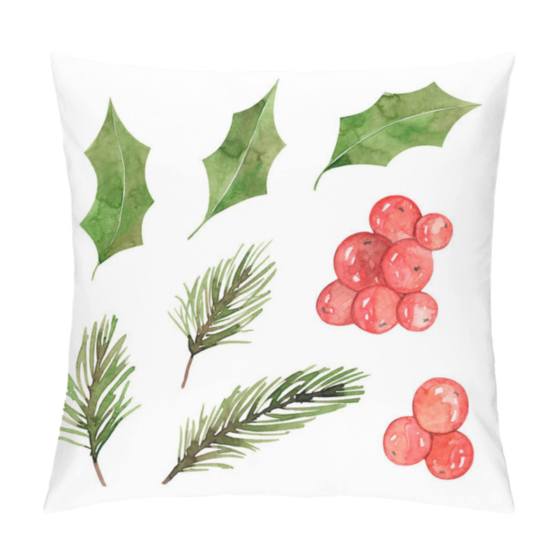 Personality  Watercolor Christmas Set. Holly Berry, Spruce Twigs, Red Berries. Winter Greens. New Year's Decor. Pillow Covers