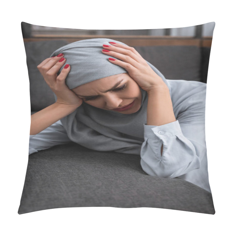 Personality  Depressed Muslim Woman Touching Hijab And Crying In Living Room, Domestic Violence Concept   Pillow Covers