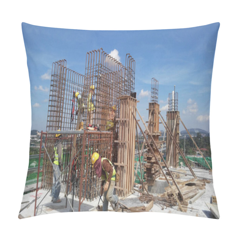 Personality  Group Of Construction Workers Fabricating Steel Reinforcement Bar Pillow Covers