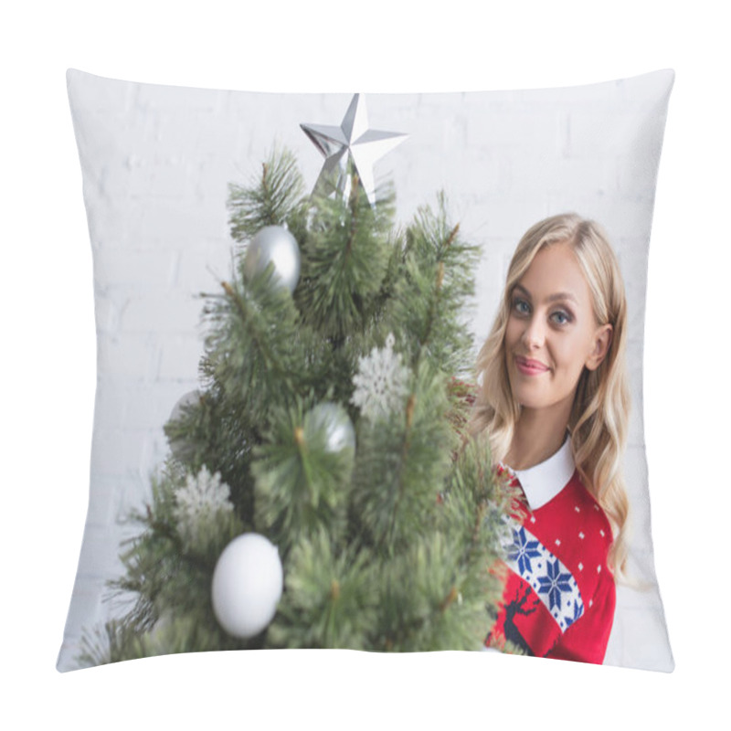 Personality  Joyful Blonde Woman Looking At Camera Near Blurred Christmas Tree At Home Pillow Covers