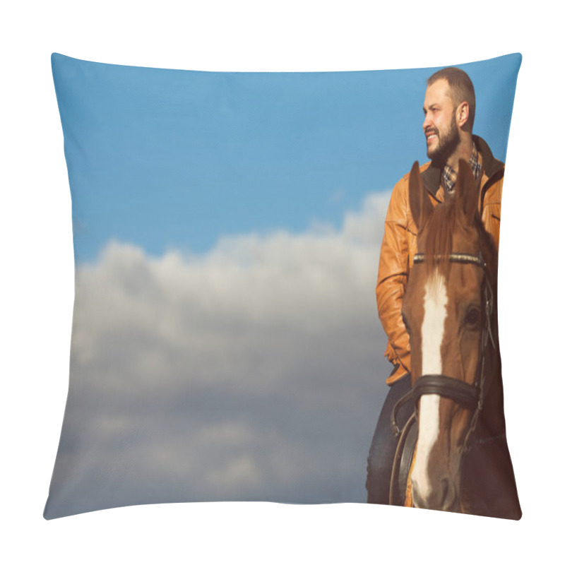 Personality  Country Life Concept. Young Relaxed And Smiling Rich Man Riding Horse Pillow Covers