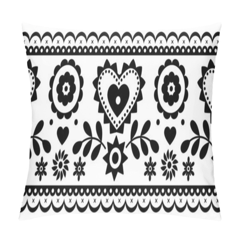 Personality  Floral Folk Art Vector Seamless Embroidery Long Horizontal Pattern Inspired By Traditional Designs Lachy Sadeckie From Poland - Textile Or Fabric Print Ornament In Black And White Pillow Covers