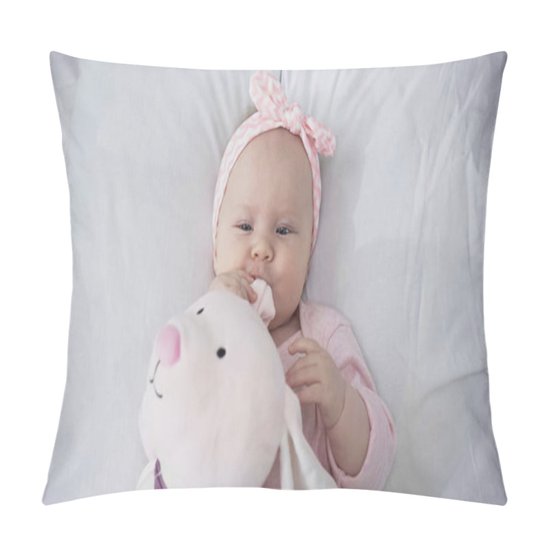 Personality  Top View Of Baby In Headband With Soft Toy  Pillow Covers