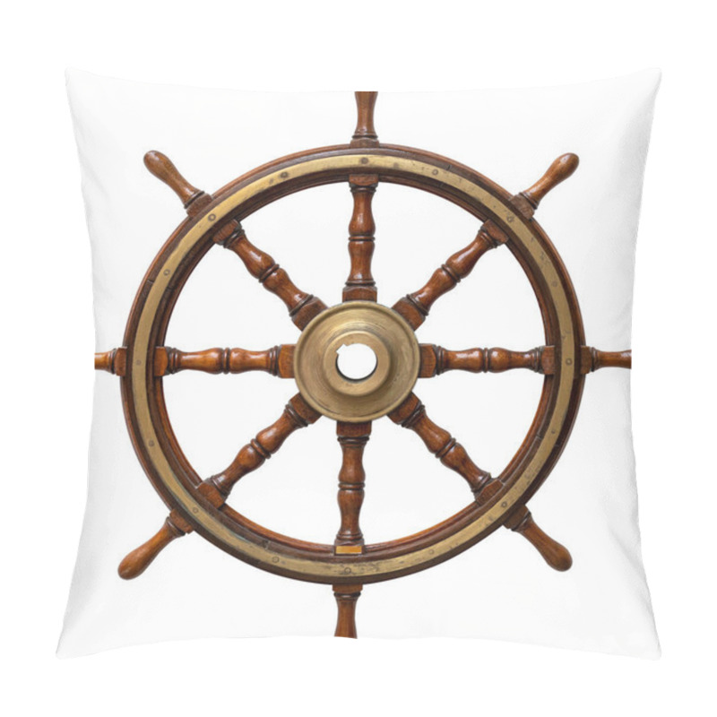 Personality  Old Ship Wooden Steering Wheel Rudder Isolated On White Background Pillow Covers