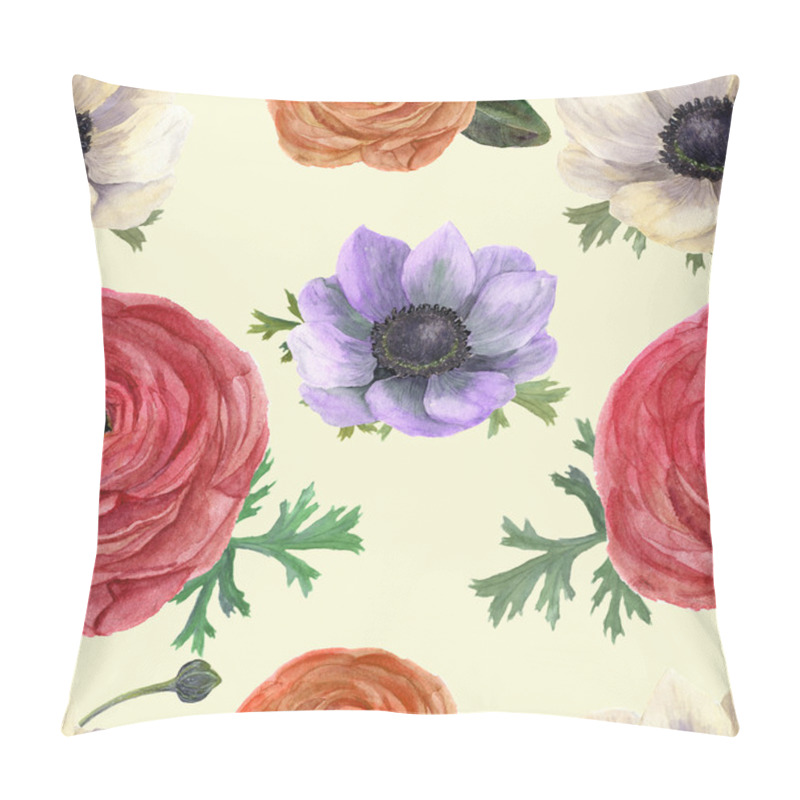 Personality  Watercolor Seamless Pattern With Ranunculus And Anemones. Hand Drawn Floral Illustration With Vintage Background. Botanical Illustration. For Design, Textile And Background. Pillow Covers