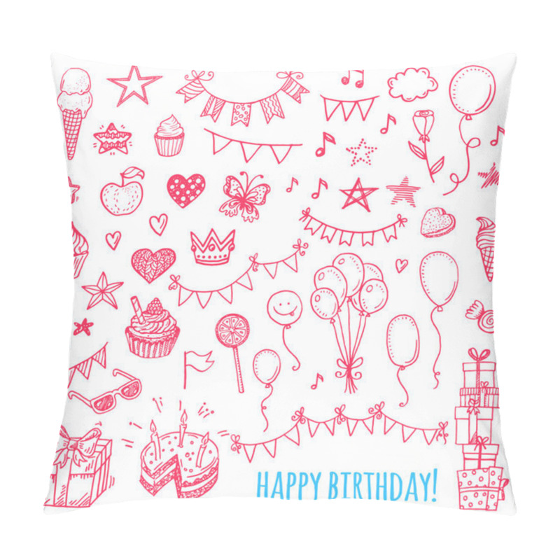 Personality  Hand Drawn Happy Birthday Party Icons. Cakes, Sweets, Balloons, Pillow Covers