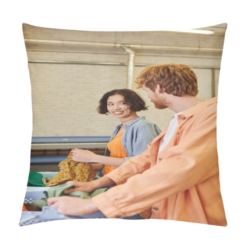 Personality  Cheerful Young Asian Woman Talking To Boyfriend Near Clothes And Baskets In Coin Laundry Pillow Covers