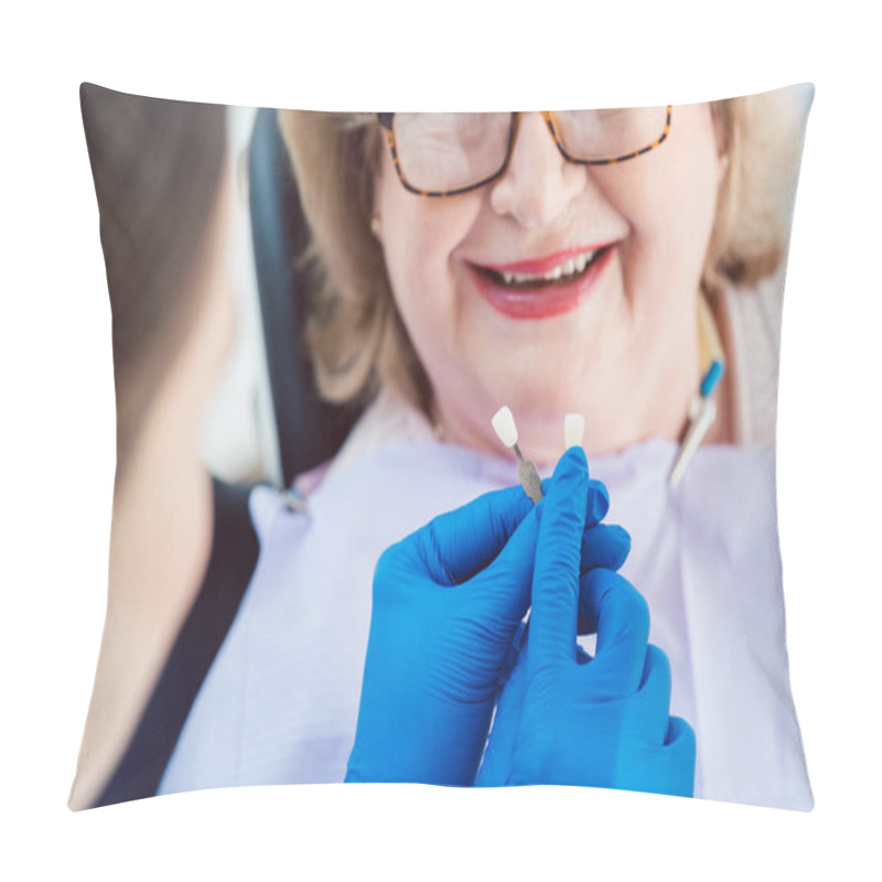 Personality  Dentist Woman Performing Dental Bleaching At Senior Patient  Pillow Covers