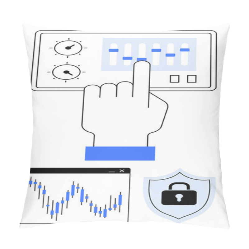 Personality  Hand Operating Sliders On A Control Panel, Security Shield With Lock, Financial Chart. Ideal For Technology Management, Cybersecurity, Finance, Data Analysis, Software Control, Security Protocols Pillow Covers