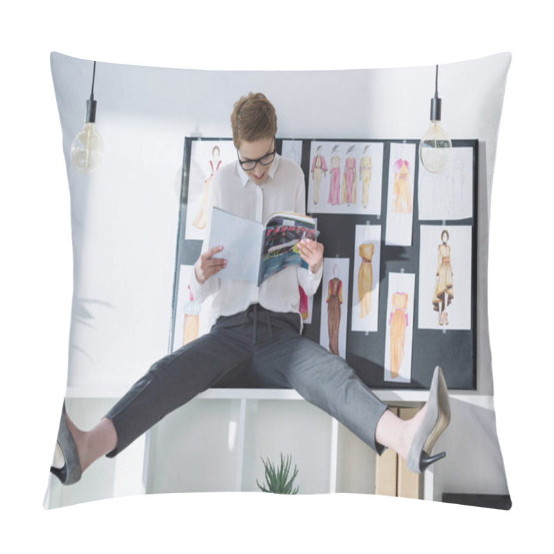 Personality  Fashion Designer Sitting On Bookshelves And Reading Magazine Pillow Covers