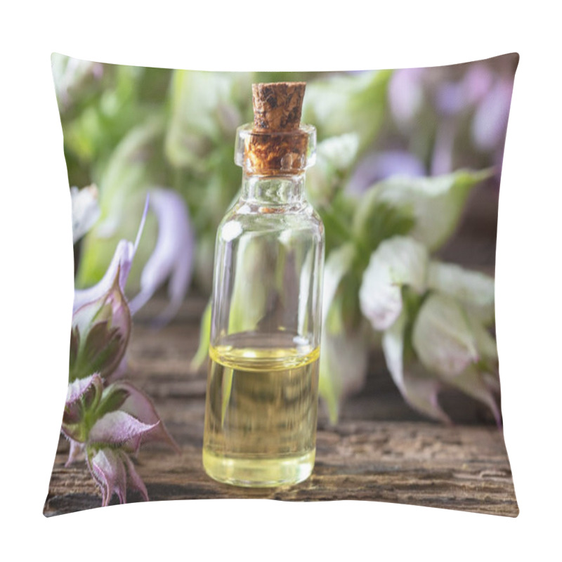 Personality  A Bottle Of Clary Sage Essential Oil With Fresh Plant Pillow Covers