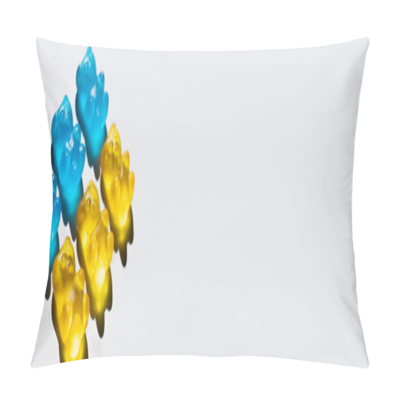 Personality  High Angle View Of Sweet Blue And Yellow Gummy Bears On White Background, Banner  Pillow Covers