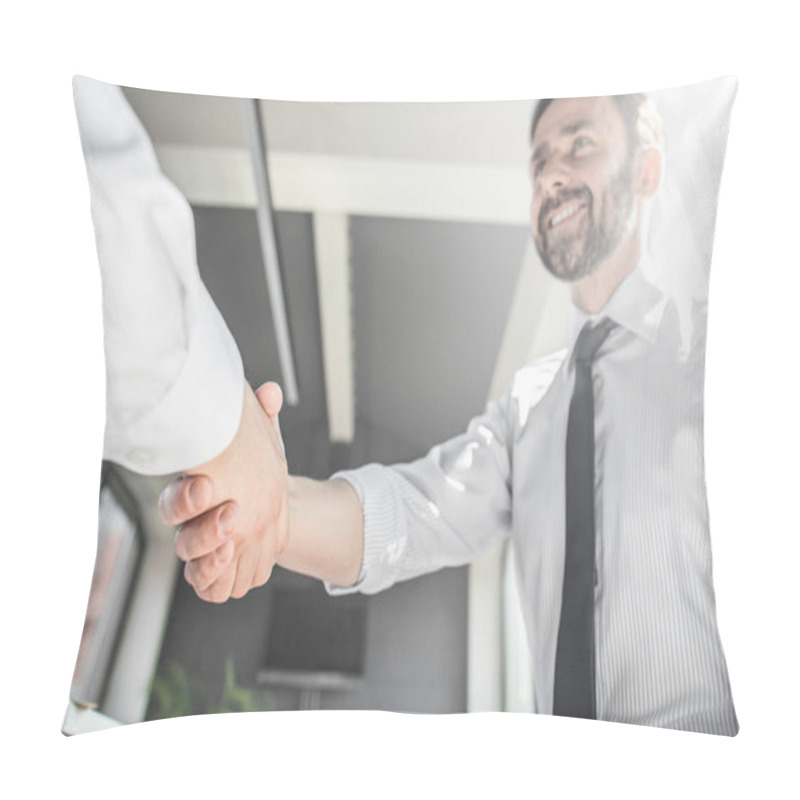 Personality  Business People Shaking Hands, Finishing Up Meeting. Successful Businessmen Handshaking After Good Deal. Pillow Covers