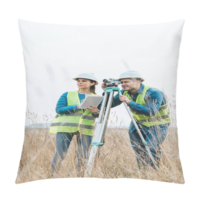 Personality  Surveyors Working With Digital Level And Using Tablet In Field Pillow Covers