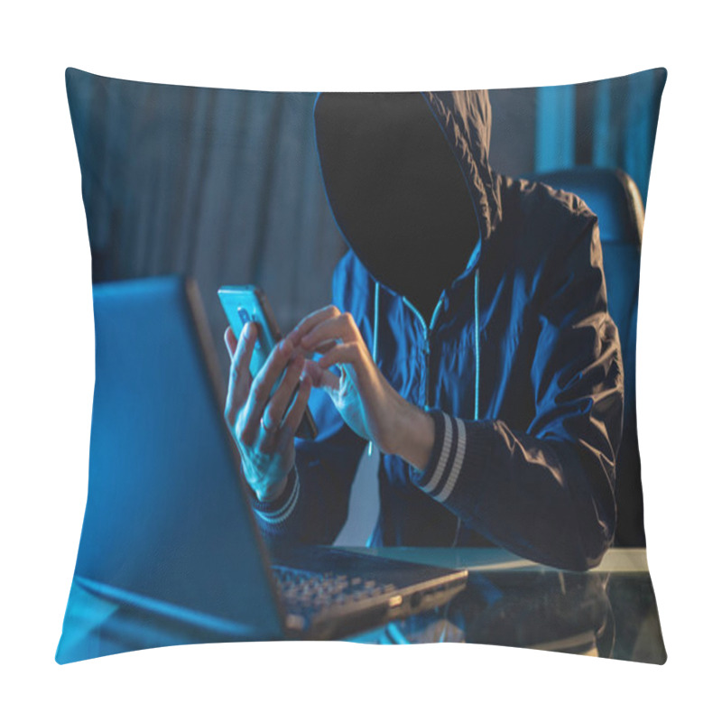 Personality  Anonymous Hacker Programmer Uses A Laptop To Hack The System In The Dark. Concept Of Cybercrime And Hacking Database Pillow Covers