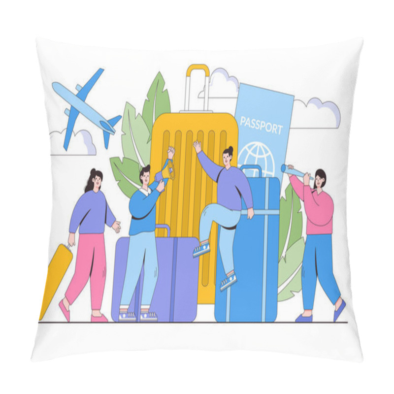 Personality  Vacation Planning, Business Trip, Hand Luggage, Travel, Tour, Suitcase And Tourism Concept With People Character. Outline Design Minimal Vector Illustration For Landing Page, Web Banner, Infographics. Pillow Covers