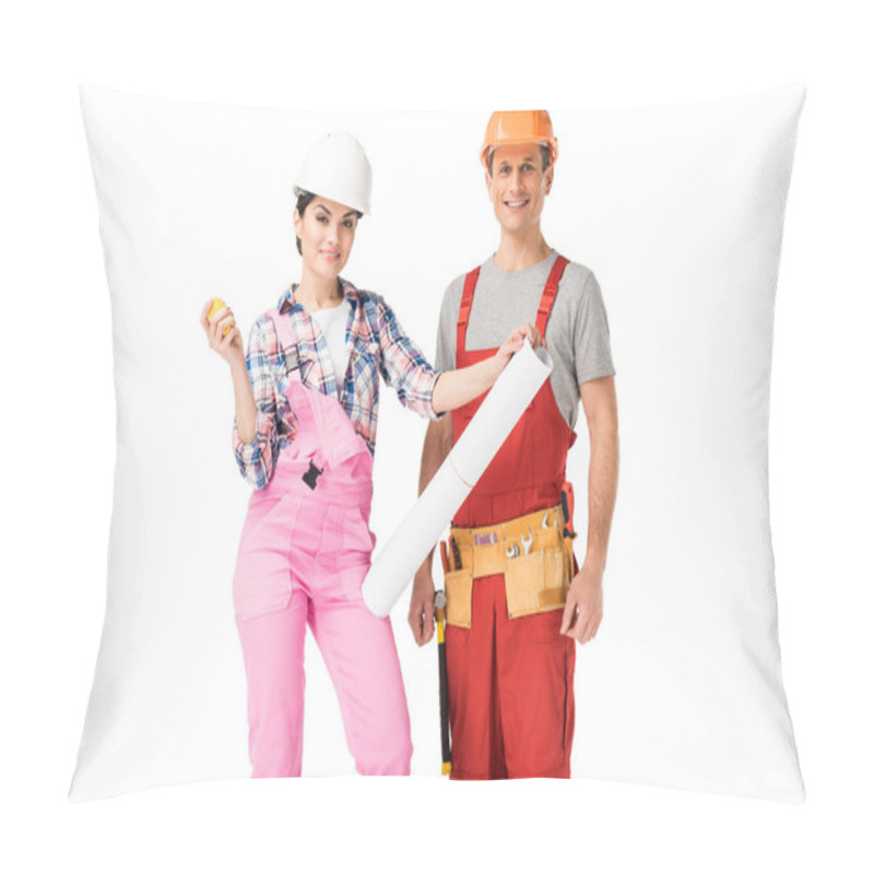 Personality  Male And Female Builders Holding Blueprint And Ruler Isolated On White Pillow Covers