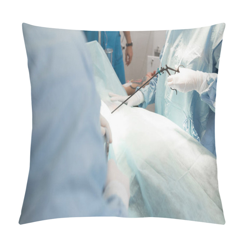 Personality  Doctor And Assistance Medical Team Performing Surgery On A Patient In Operation Room. Instruments For Laparoscopy. Surgeon Operating In Hospital Or Clinic. Medicine, Emergency Concept Pillow Covers