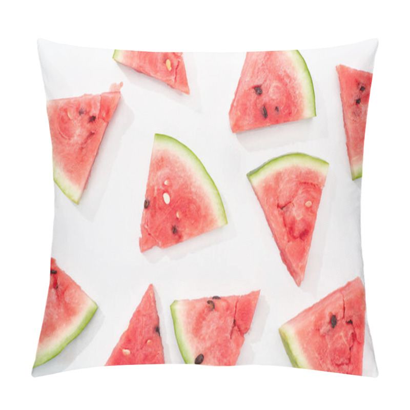 Personality  Top View Of Organic Juicy Watermelon Slices On White Background Pillow Covers