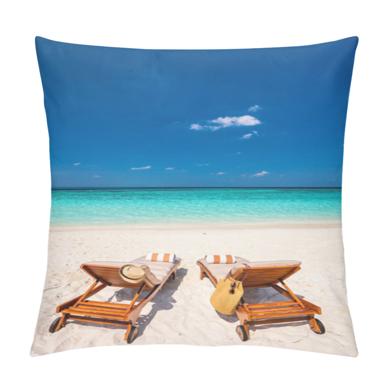 Personality  Wooden Lounge Chairs On A Beautiful Tropical Beach At Maldives Pillow Covers