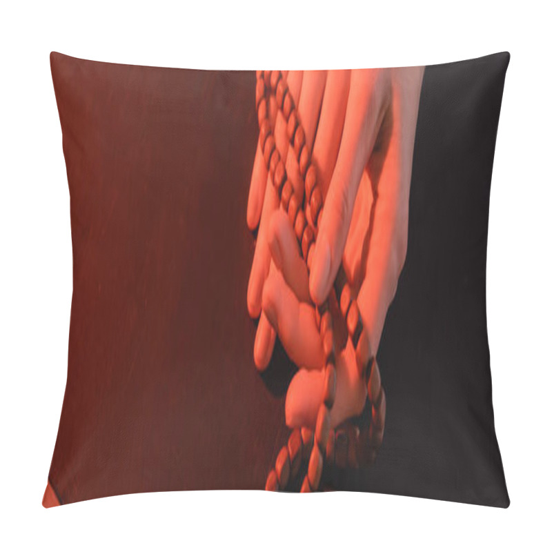 Personality  Cropped View Of Hands Of Nun With Prayer Beads On Black Surface, Banner Pillow Covers