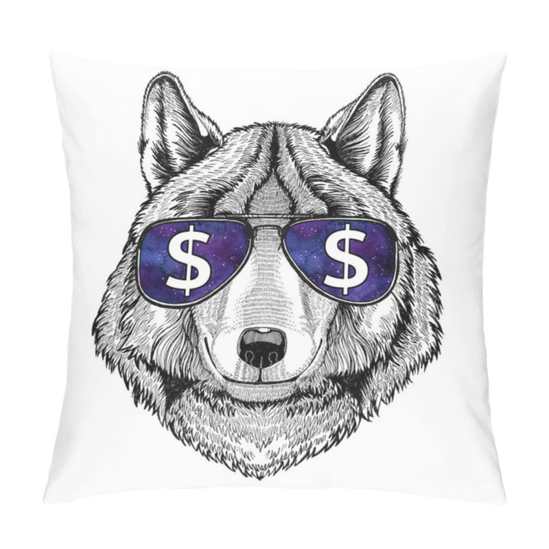 Personality  Wolf Dog Wearing Glasses With Dollar Sign Illustration With Wild Animal For T-shirt, Tattoo Sketch, Patch Pillow Covers