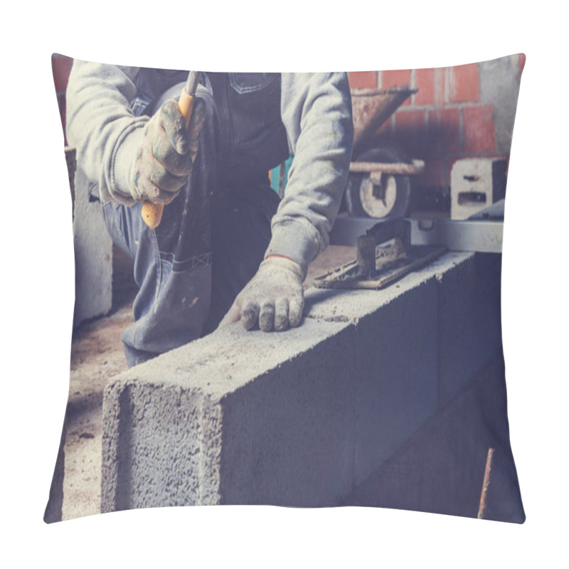 Personality  Real Construction Worker Bricklaying The Wall Using Tools. Pillow Covers