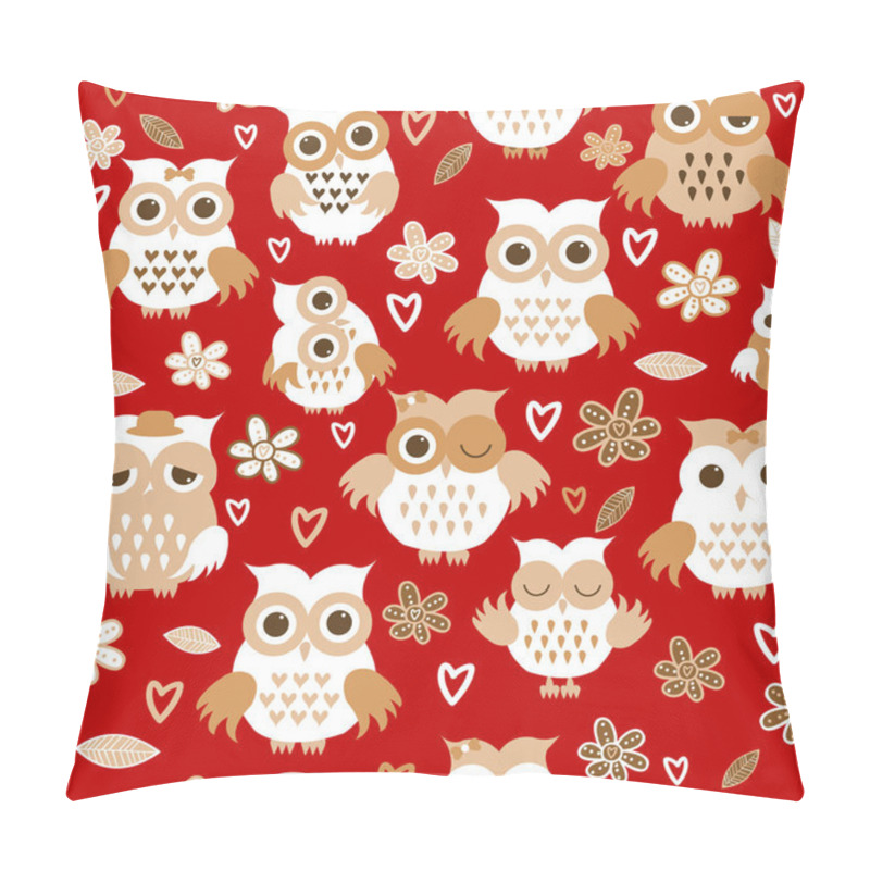 Personality  Cartoon Owls Over Red Background. Seamless Pattern With Owls And Flowers Pillow Covers