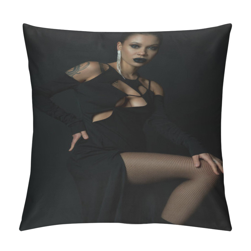 Personality  Stylish Tattooed Woman In Black Halloween Dress And Creepy Makeup Posing With Hand On Hip On Black Pillow Covers