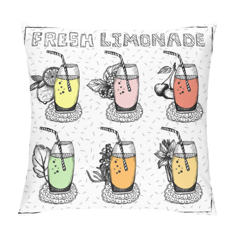 Personality  Sketches Of Fresh Lemonade, Cocktails, Lemons, Mint Etc.Vector Hand Drawn Beverages Collection On White Background In Sketch Style.  Pillow Covers