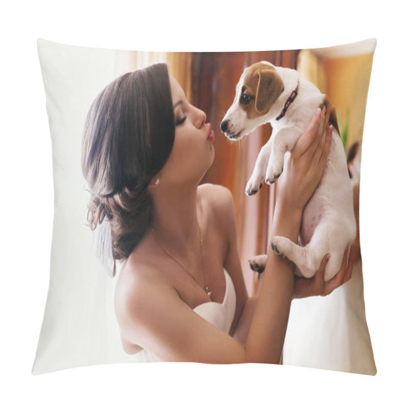 Personality  Bride Kisses A Puppy Holding It In Her Hands  Pillow Covers