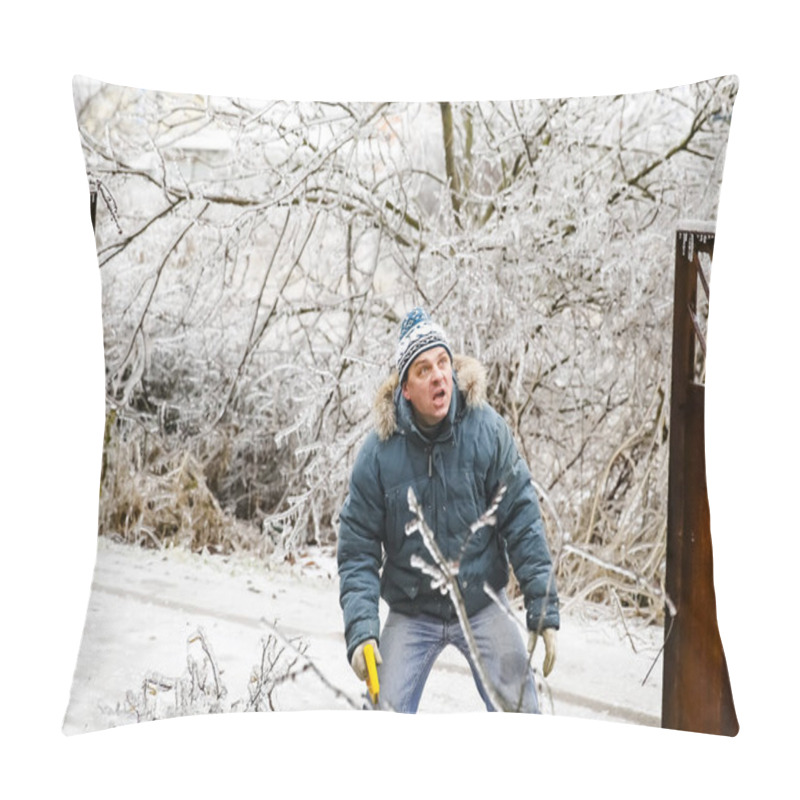 Personality  A Man Dressed In Winter Clothes On The Street In Shock From The View Of Damage From Freezing Rain. City After Snowfall. Broken Tree. Selective Focus Pillow Covers