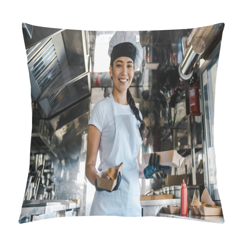 Personality  Happy Asian Chef Holding Carton Plates In Food Truck  Pillow Covers