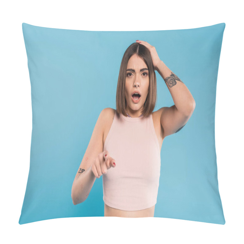 Personality  Shocked Face, Brunette Young Woman With Short Hair, Tattoos And Nose Piercing Pointing At Camera On Blue Background, Generation Z, Displeased, Casual Attire, Summer Outfit  Pillow Covers