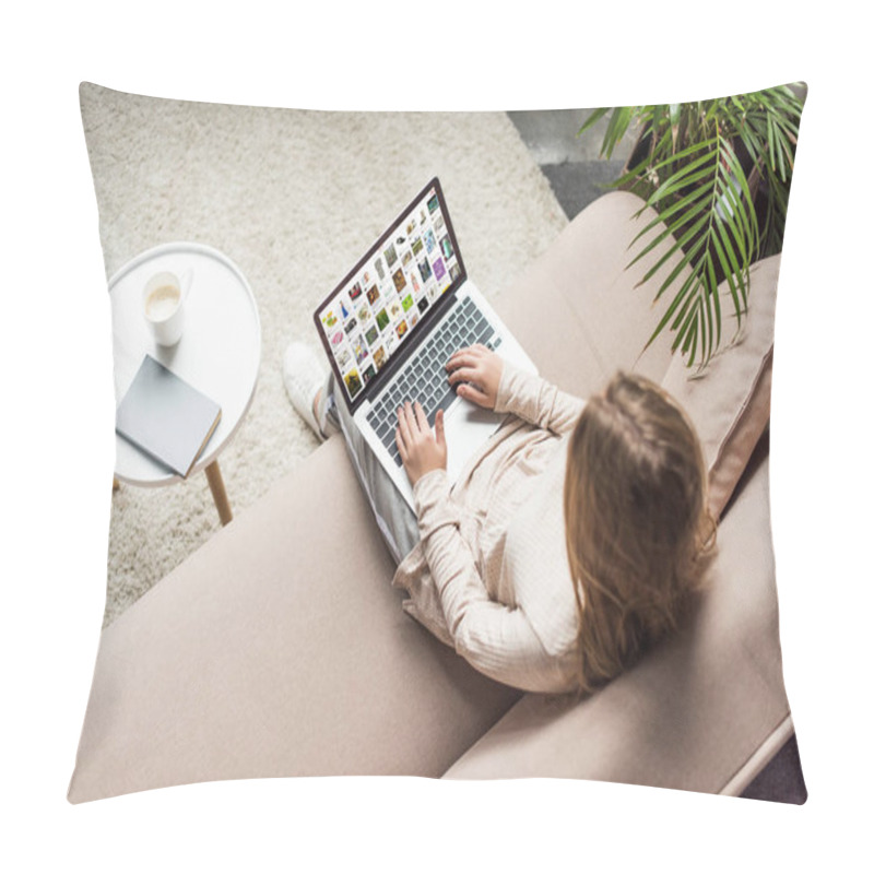 Personality  High Angle View Of Woman At Home Sitting On Couch And Using Laptop With Pinterest On Screen Pillow Covers