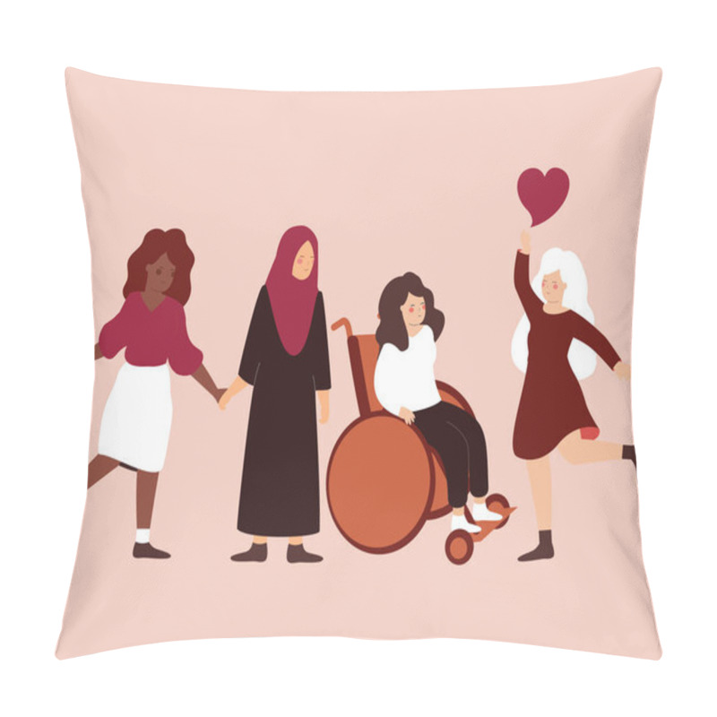 Personality  Group Of Women From Different Ethnicity Support Woman With Disability In The Wheelchair. Feminism Community Hold Hands Together. Concept Of Social Psychological Help For People With Mobility Problems Pillow Covers