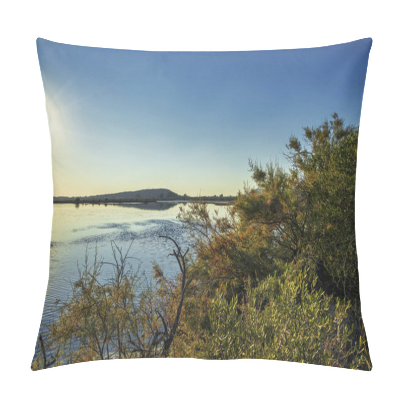 Personality  Sunlight Reflects On The Calm Waters Of Gialova Lagoon In Greece, Surrounded By Bushes And Distant Hills, Creating A Serene Atmosphere. Pillow Covers