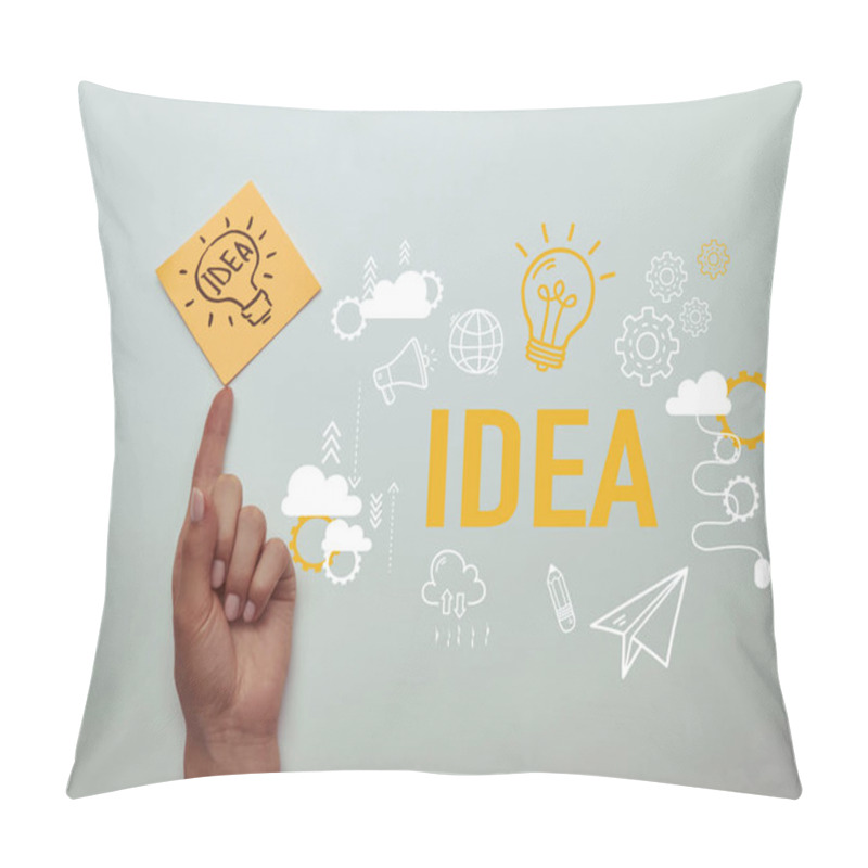 Personality  Cropped Image Of Girl Pointing On Note Paper With Word Idea In Lightbulb Isolated On White With Idea Icons Pillow Covers