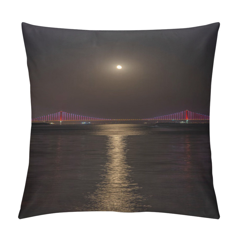 Personality  Osmangazi Bridge (Izmit Bay Bridge) And Full Moon. IZMIT, KOCAELI, TURKEY. Longest Bridge In Turkey And The Fourth-longest Suspension Bridge In The World By The Length Of Its Central Span. Pillow Covers