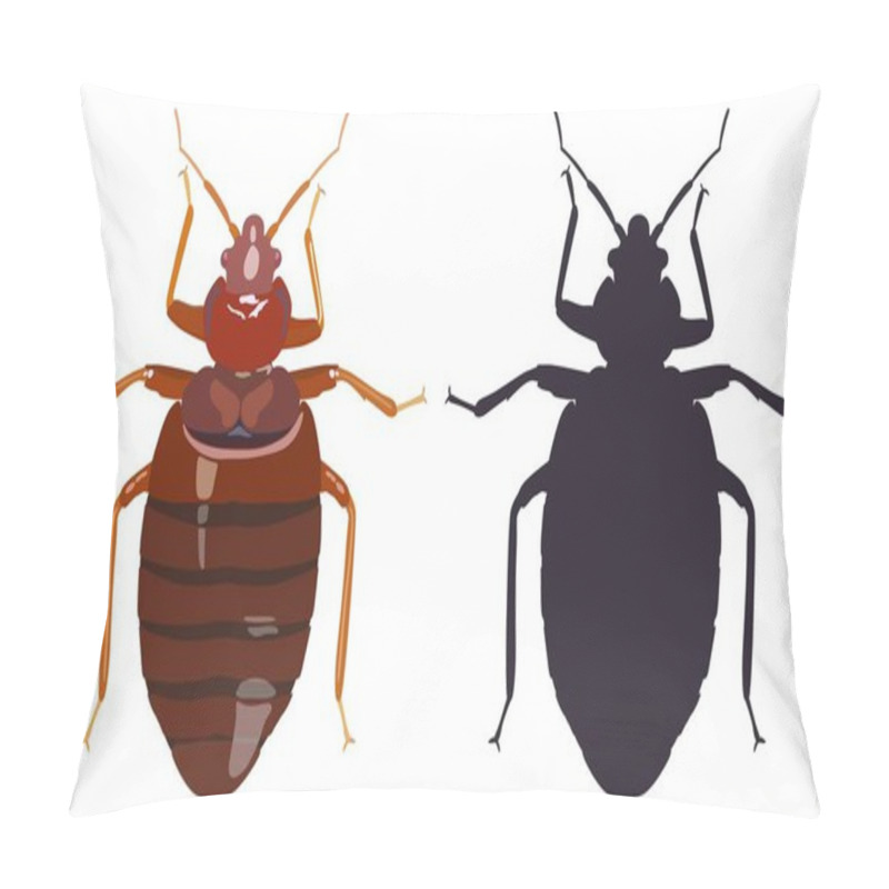 Personality  Bedbug And His Black Silhouette On White Background. Vector Illustration. Pillow Covers