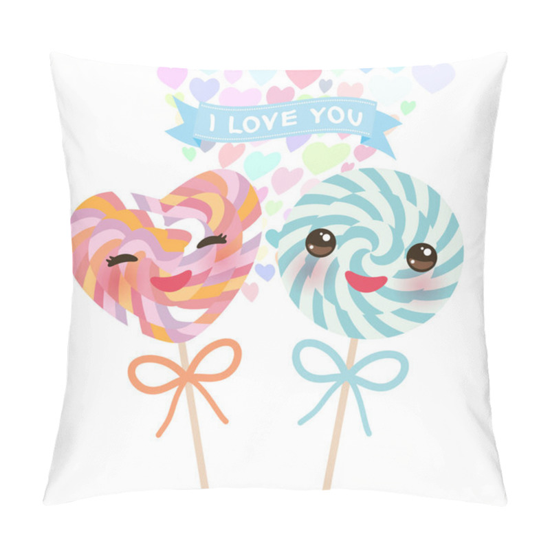 Personality  I Love You Card Design With Kawaii Heart Shaped Candy Lollipop With Pink Cheeks And Winking Eyes, Pastel Colors On White Background. Vector Illustration Pillow Covers